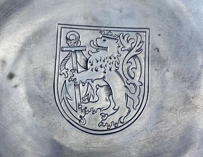 GERMAN 835 SILVER ROUND BOWL DISH  - Düsseldorf Coat of Arms - GRIMMINGER - 106.9g