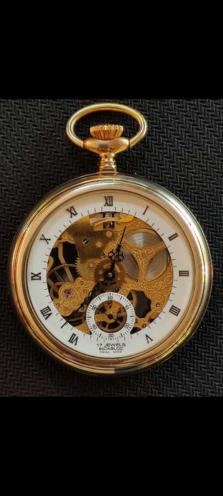 Jean Pierre Open Face Skeleton Pocket Watch - Gold Plated