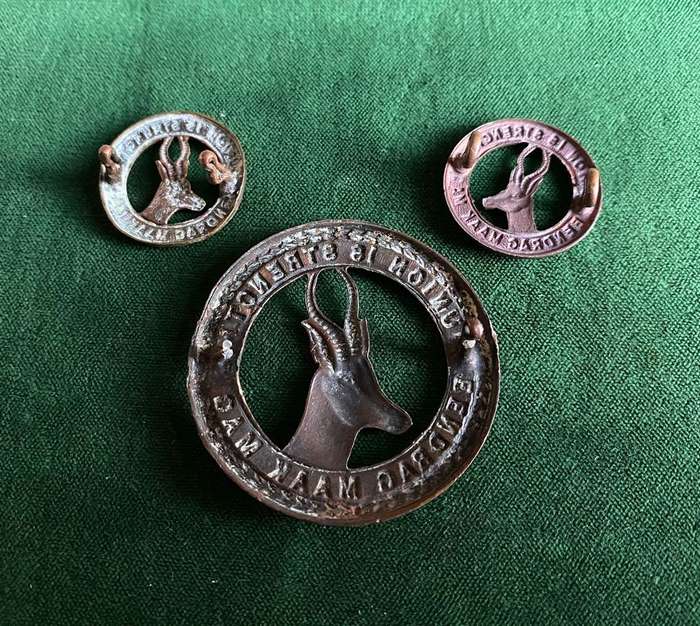 UNION DEFENCE FORCE GENERAL SERVICE BRASS HELMET BADGE-WORN 1940-45-SOLD WITH 2 COLLARS-ONE LUG MISS