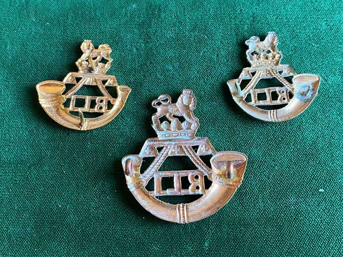 RAND LIGHT INFANTRY,GILDING METAL CAP AND COLLARS-WORN POST 1913-LUGS + PINS INTACT