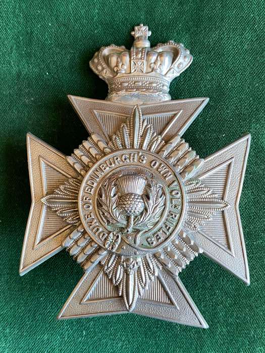DUKE OF EDINBURGH'S OWN VOLUNTEER RIFLES WHITE METAL HELMET PLATE-WORN PRE 1899-GUARANTEED ORIGINAL-