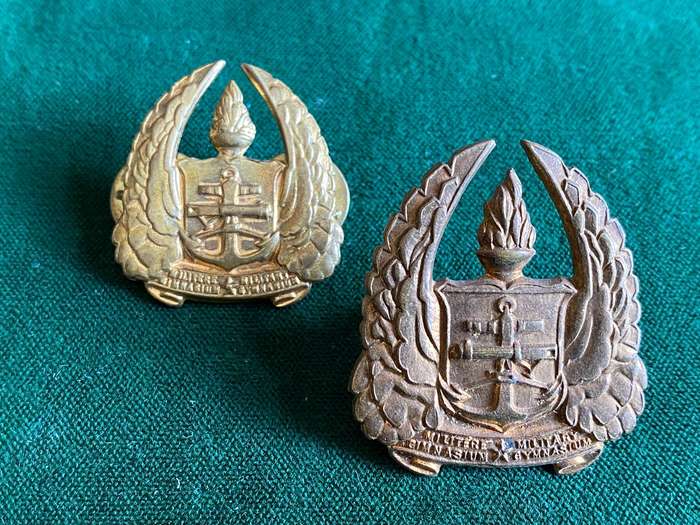 SA ARMY GYMNASIUM GILDING METAL CAP AND COLLAR-WORN 1950-67-LUGS + PINS INTACT