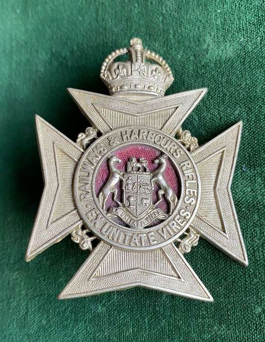 RAILWAYS AND HARBOURS RIFLES WHITE METAL POUCH BELT PLATE-WORN 1915-1920- 2X SCREW LUGS-MEASURES 68X