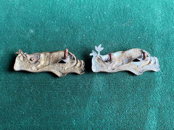 1ST CITY REGTIMENT COLLAR BADGE PAIR-WORN 1906-1950'S-ONE LUG MISSING
