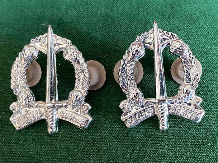 SACMP CHROME COLLAR BADGE PAIR-WORN FROM 1976-PINS INTACT