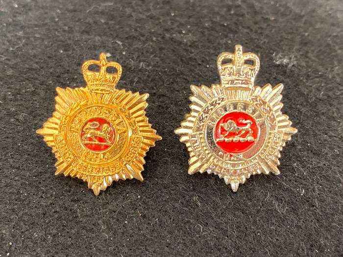 RHODESIAN ARMY SERVICES CORPS COLLAR BADGE PAIR-ANODISED-WORN 1964-1970- LUGS INTACT