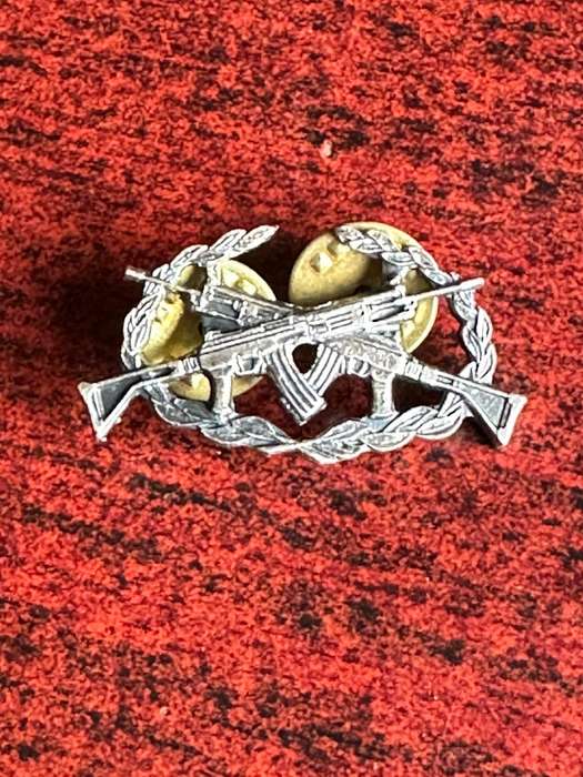 S.W.A.T.F. SHARPSHOOTER OXIDISED SILVER PROFICIENCY BREAST BADGE- APPROVED IN 1985- 2 PINS