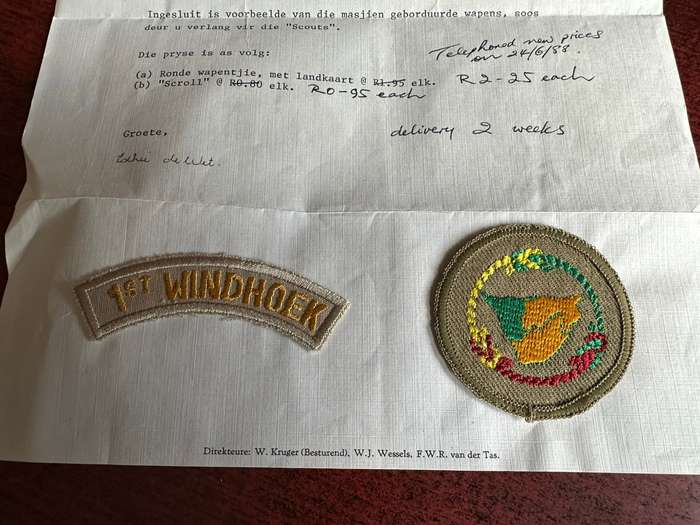 BOY SCOUTS OF SWA POCKET BADGE WITH ORIGINAL LETTER-DATED 1988 ADDRESSED TO COL. RADMORE