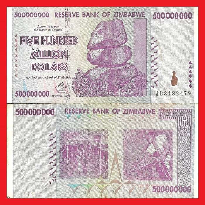 Zimbabwe 500 Million Dollar Banknote Serial AB3132479 VF