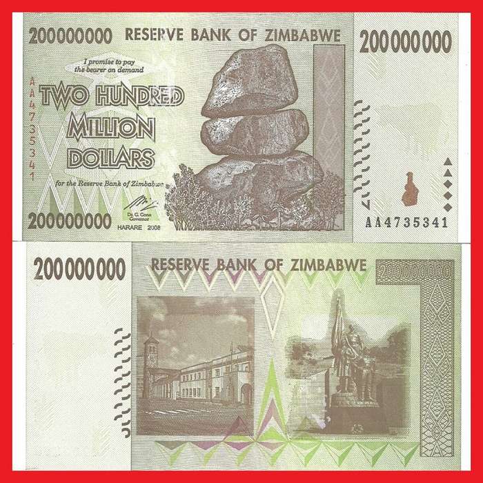 Zimbabwe 200 Million Dollar Banknote Serial AA4735341 UNC
