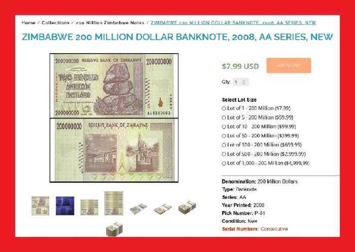 Zimbabwe 200 Million Dollar Banknote Serial AA4735358 UNC