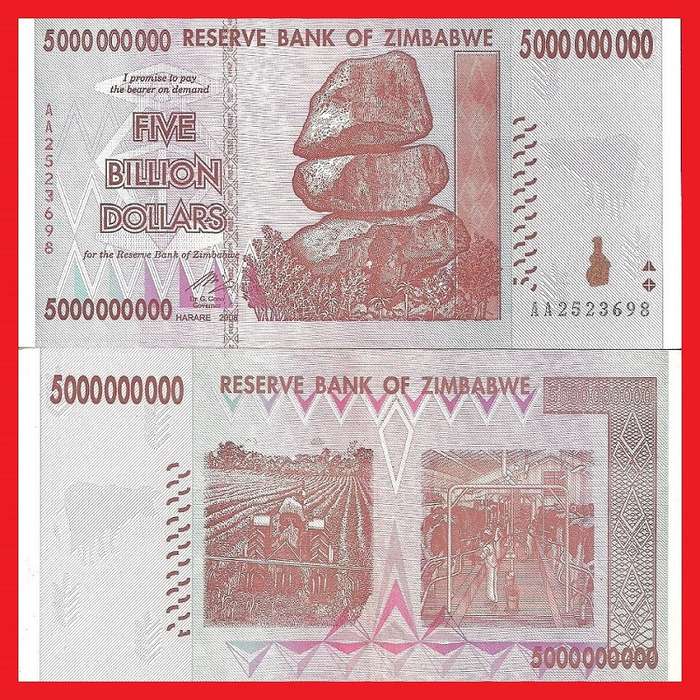 Zimbabwe 5 Billion Dollar Banknote Serial AA2523698 AU