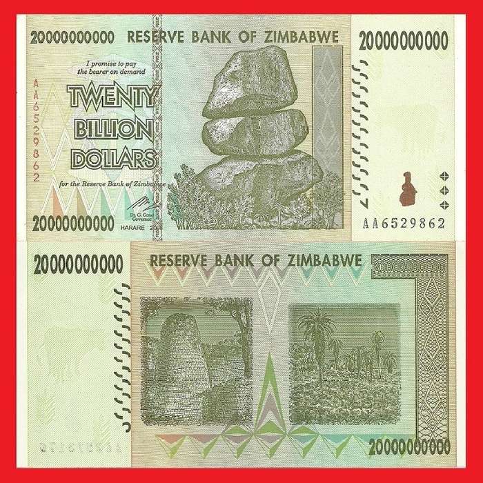 Zimbabwe 20 Billion Dollar Banknote Serial AA6529862 UNC