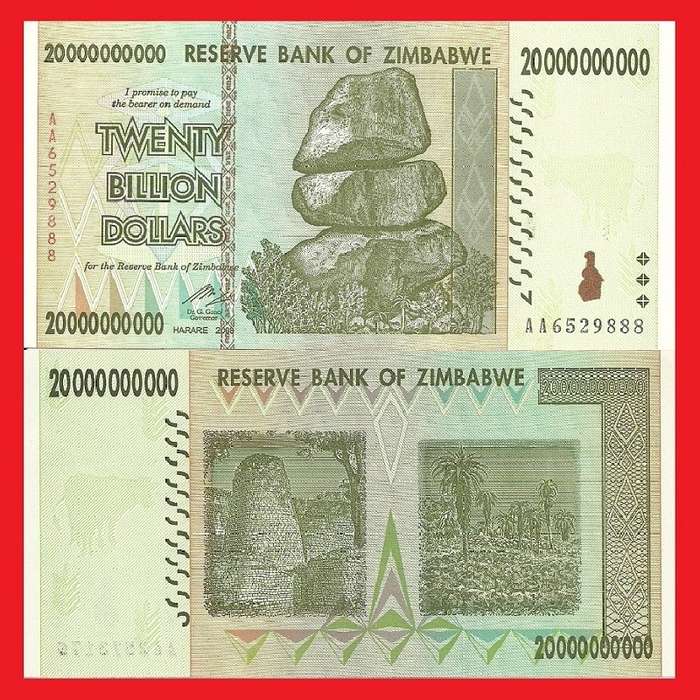 Zimbabwe 20 Billion Dollar Banknote Serial AA6529888 UNC