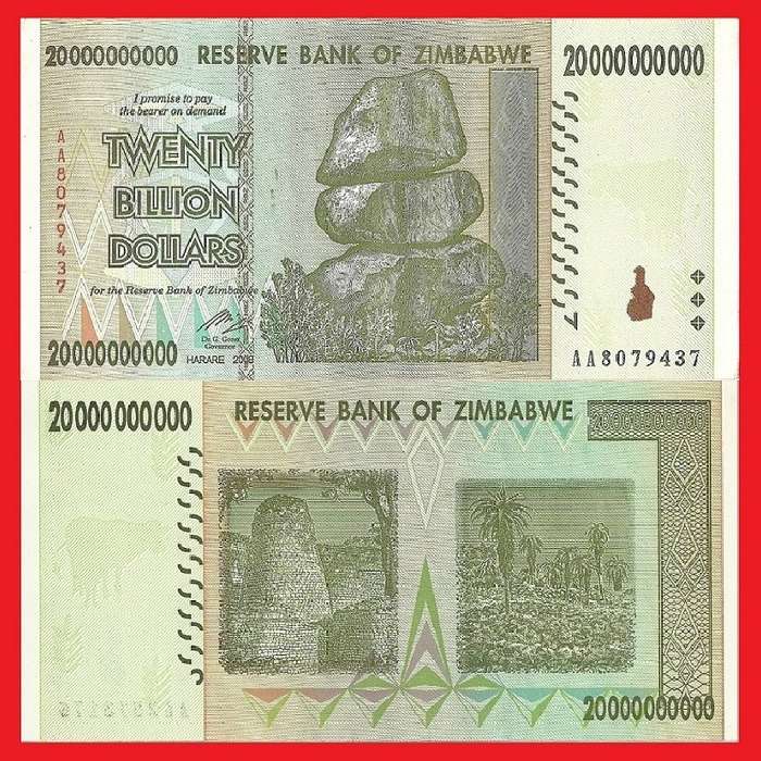 Zimbabwe 20 Billion Dollar Banknote Serial AA8079437 AU