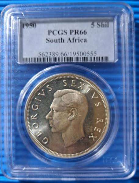 *** 1950 - SA UNION 5 SHILLING - MINTAGE OF ONLY 500 - PCGS GRADED PR66 ***