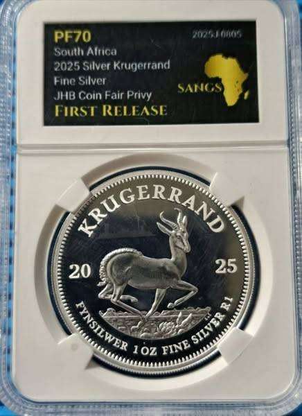 *** 2025 - SA SILVER PROOF KRUGERRAND WITH JHB COIN FAIR PRIVY - FIRST RELEASE  SANGS PF70 ***