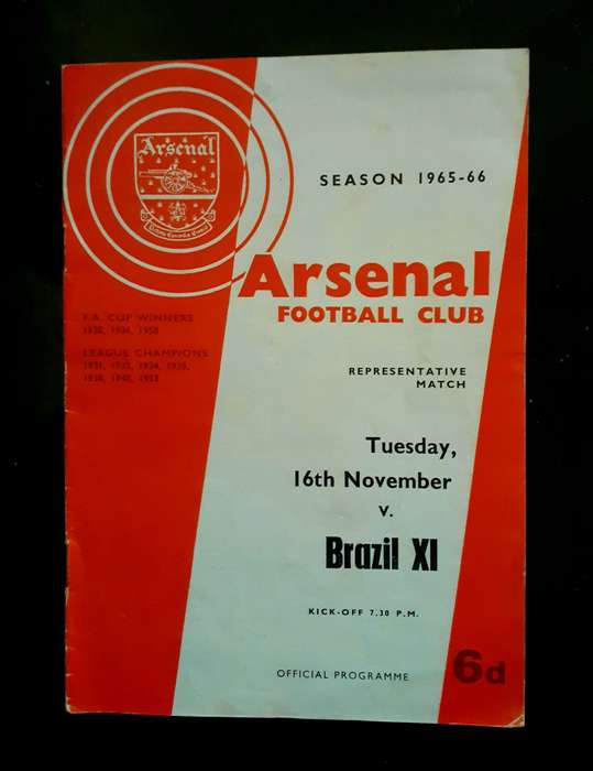 Arsenal vs Brazil XI 1965 Friendly Match Programme