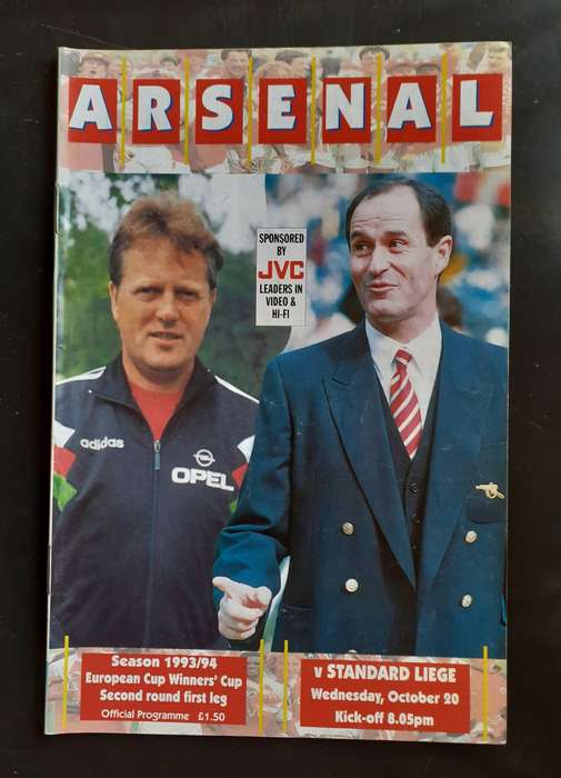 Arsenal vs Standard Liege (Belgium) 1993/94 European CWC 2nd Round, 1st Leg Match Programme
