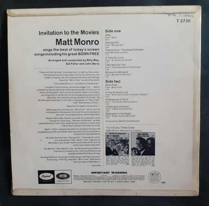 Matt Monro - Born Free (Invitation To The Movies) LP Vinyl Record