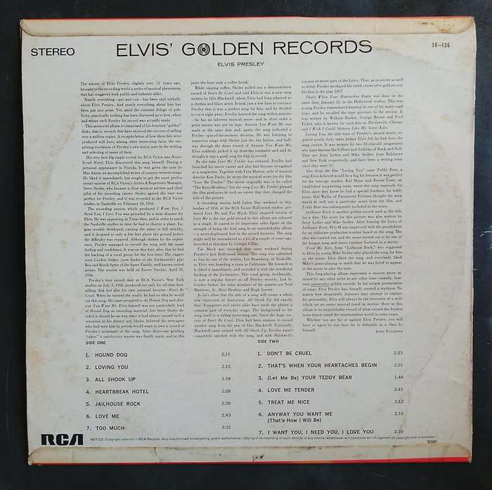 Elvis Presley - Elvis' Golden Records LP Vinyl Record