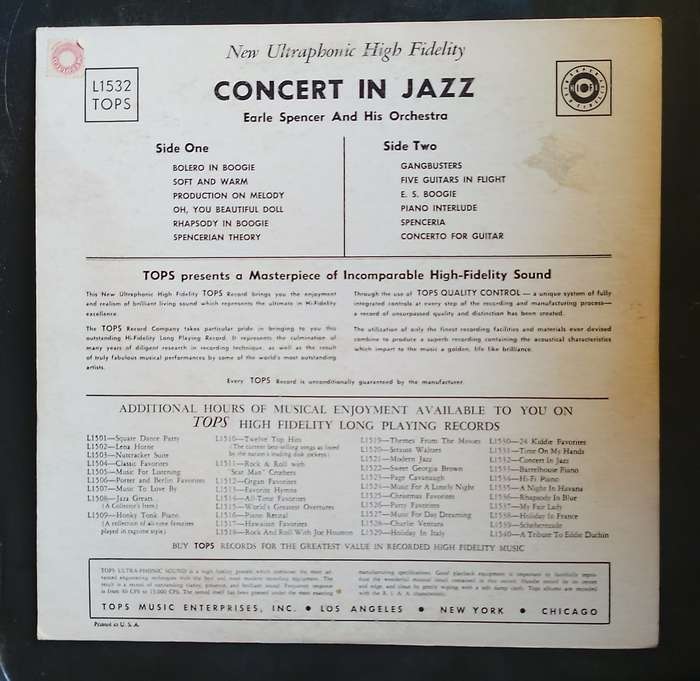 Earle Spencer and His Orchestra - Concert In Jazz LP Vinyl Record - USA Pressing