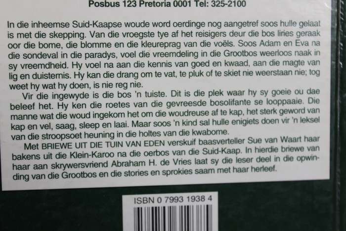 BRIEWE UIT DIE TUIN VAN EDEN  deur Sue van Waart Eerste druk 1993)