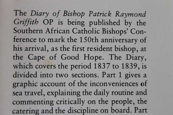 THE CAPE DIARY OF BISHOP PATRICK RAYMOND GRIFFITH  1837-1839 Edited and annotated J.B. Brain