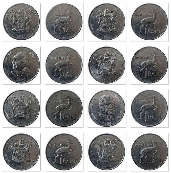 Complete set 1977-1990 South Africa Springbok R1 one rand nickel coins