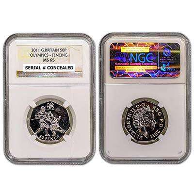2011 Great Britain Elizabeth II 4th portrait 50 Pence 2012 Summer Olympics London Fencing NGC MS65