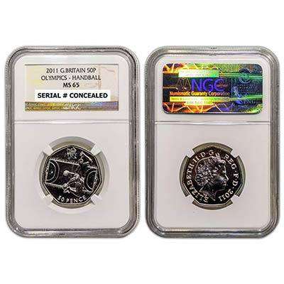 2011 Great Britain Elizabeth II 4th portrait 50 Pence 2012 Summer Olympics London Handball NGC MS65