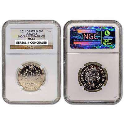 2011 Great Britain Elizabeth 2 4th portrait 50 Pence 2012 Summer Olympics London Pentathlon NGC MS65