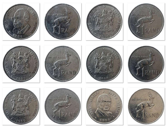 Complete set 1977-1990 South Africa Springbok R1 one rand nickel coins