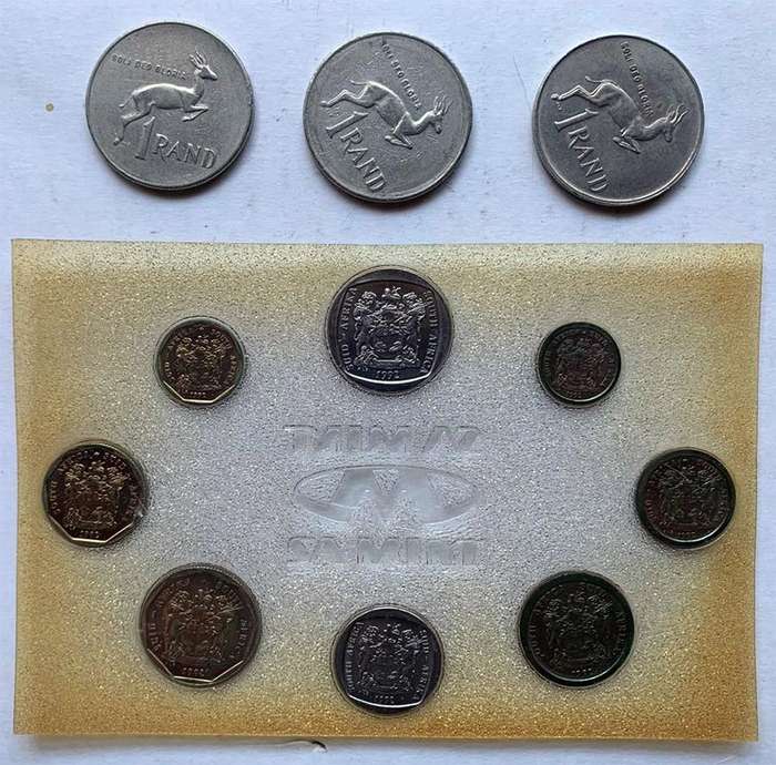 2X1977 and 1X1990 South Africa Springbok R1 one rand nickel coins plus 1X1992 Uncirculated Mint Set