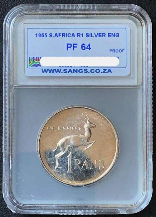 1965 SA Springbok R1 English proof silver coin SANGS PF64