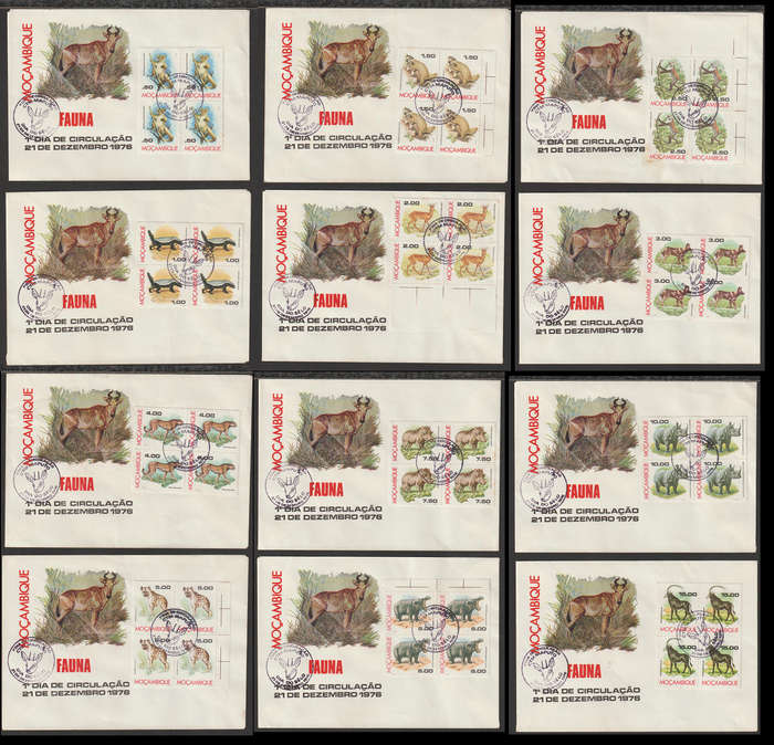 12 Mozambique FDC`s With Full Set Block`s of 4 Animals 1976