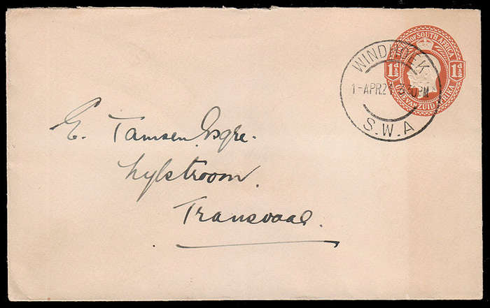 VERY RARE SA 1½d KGV POSTAL STATIONERY ENVELOPE USED IN SWA WITH WINDHOEK 1 APR 21 POSTMARK.