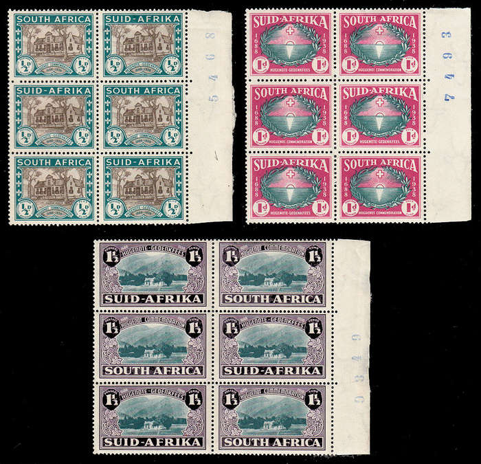 SOUTH AFRICA 1939 HUGUENOTS LANDING SET IN MARGINAL SHEET NUMBER BLOCKS OF 6, STAMPS MNH SACC 81-81