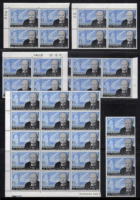RHODESIA 1965 CHURCHILL IN BLOCKS AND STRIP INCL 2 BLOCKS WITH SCRATCH THROUGH SWORD MNH SACC 114/a