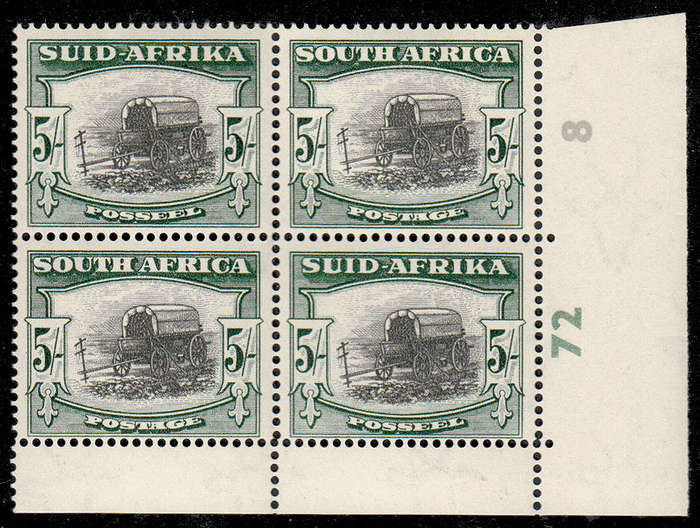 UNION 1947-54 SCREENED PICT 5s BLACK AND DP YELLOW-GREEN CONTROLS 72-8 AFRIKAANS BLOCK MNH SACC 121a