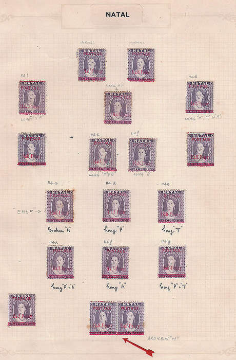 NATAL 1895 SURCHARGES SHEET OF 60 WITH LISTED VAR PLUS ALBUM PAGE WITH 17 SINGLE VARIETIES