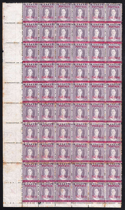 NATAL 1895 SURCHARGES SHEET OF 60 WITH LISTED VAR PLUS ALBUM PAGE WITH 17 SINGLE VARIETIES