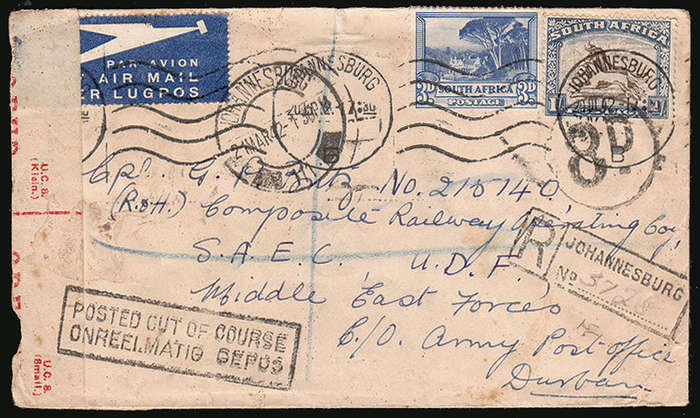 SOUTH AFRICA 1942 COVER JOHANNESBURG TO FORCES MEMBER WITH POSTED OUT OF COURSE CACHET 8d TAX MARK