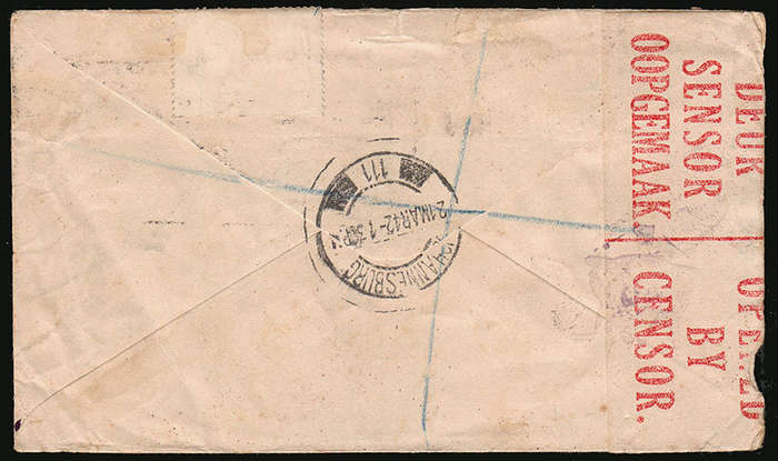 SOUTH AFRICA 1942 COVER JOHANNESBURG TO FORCES MEMBER WITH POSTED OUT OF COURSE CACHET 8d TAX MARK