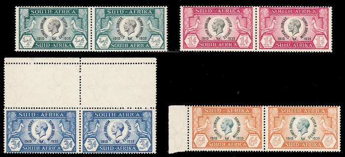 SOUTH AFRICA 1935 SILVER JUBILEE SET IN PAIRS VERY FINE MNH. ½d PAIR CLEFT SKULL, ODD OTHER VAR