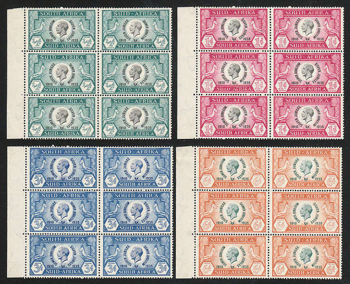SOUTH AFRICA 1935 SILVER JUBILEE IN BLOCKS OF 6 WITH CLEFT SKULL AND TAGGED EAR VAR V FINE LMM/MNH