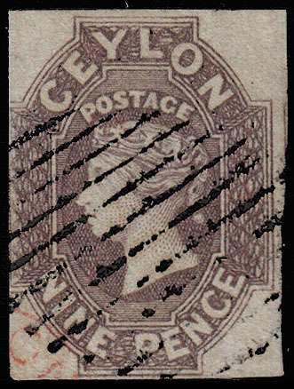 CEYLON 1857 9d PURPLE STAR WMK FINE USED THREE LARGE MARGINS FOR THIS ISSUE, ONE TOUCHING SG 8 £900