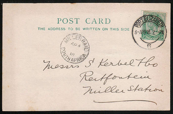 UNION 1918 ADVERTISING CARD FRANKED ½d KGV FROM PORT ELIZABETH WITH FINE MILLER RAIL ARRIVAL ON FRON