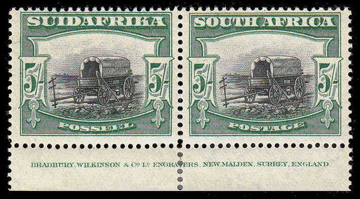 South Africa 1927 London Pict 5s Perf 14x13½ Down Very Rare Imprint Pair V F Mint. Unpriced in SACC