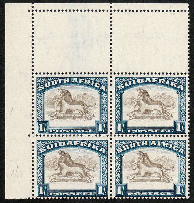 SOUTH AFRICA 1930 ROTO'S 1s INVERTED WMK CORNER BLOCK WITH BIRD IN SKY VAR VERY FINE MNH. SACC 49